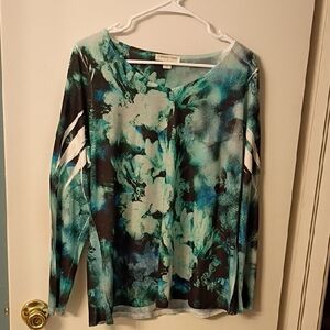 Coldwater Creek Teal and Black Abstract Long‎ Sleeve Top Size XL